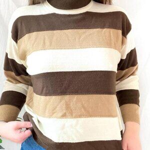 Vintage brown, tan & white striped mock neck knit sweater